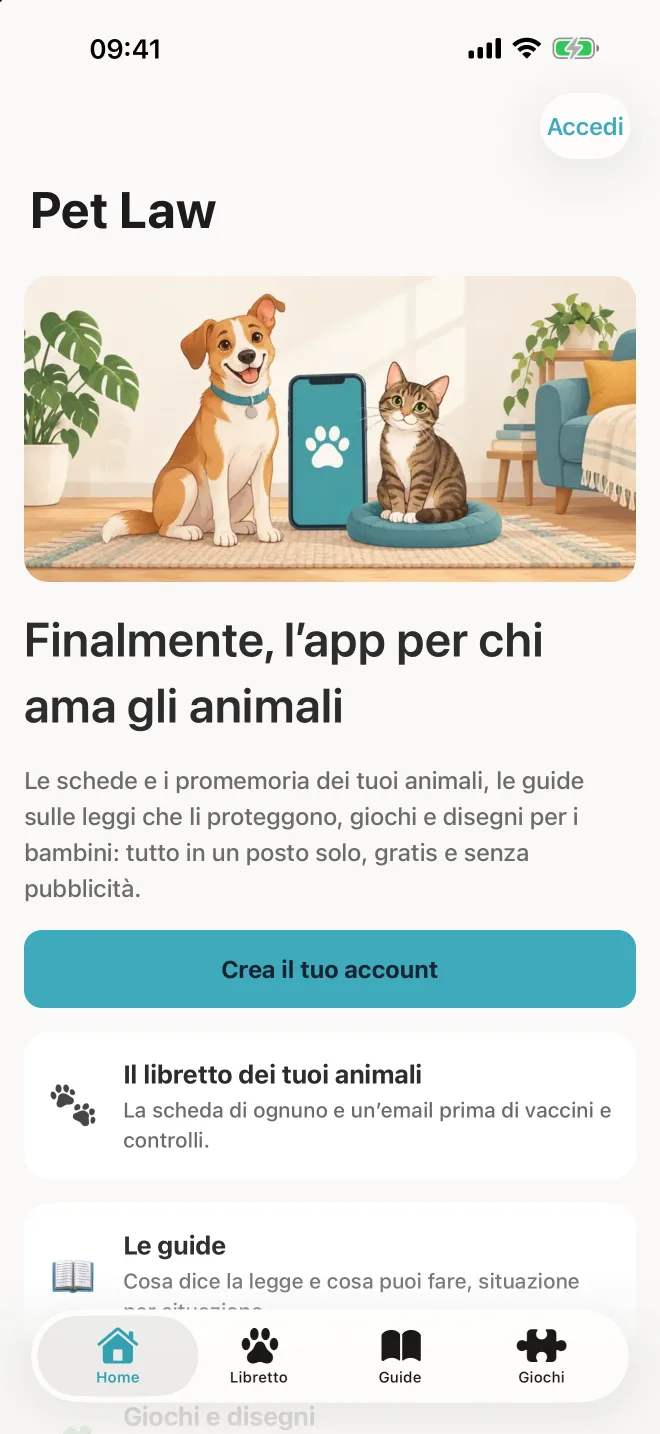 Pet Law su iPhone: la home, anche senza account