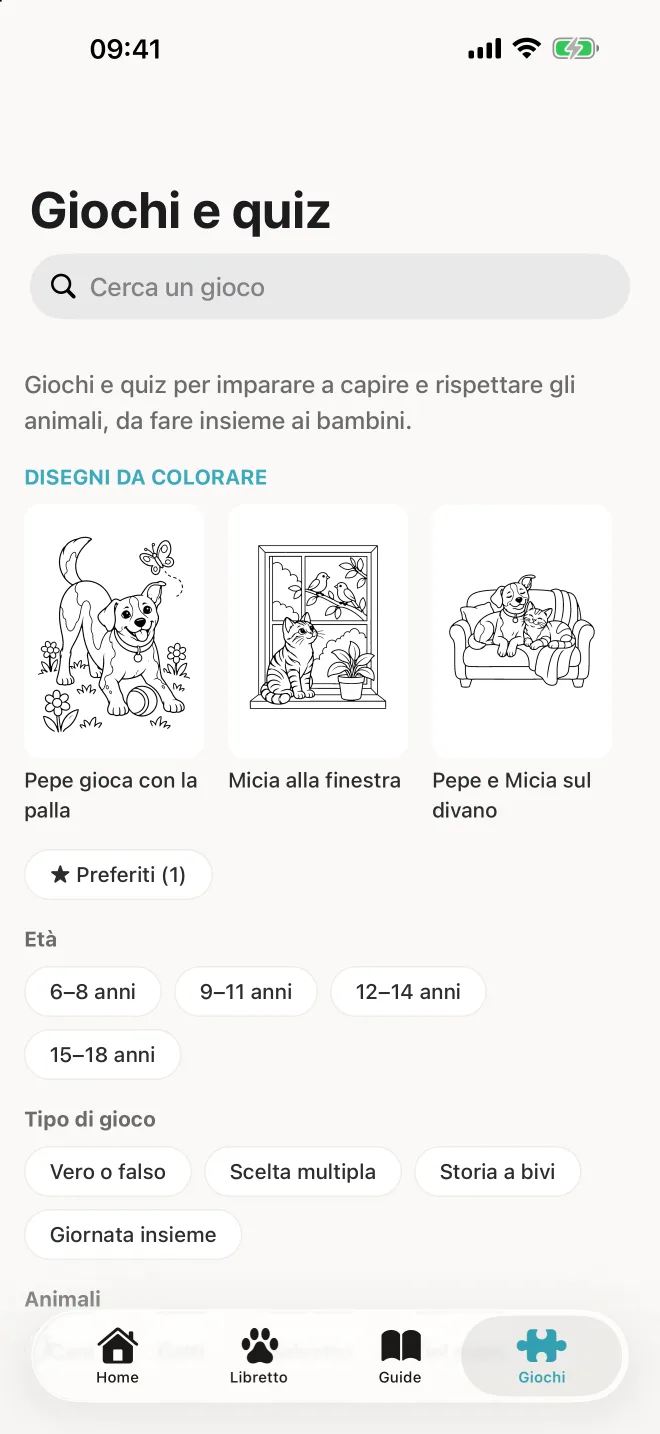 Pet Law su iPhone: giochi, quiz e disegni, con i preferiti